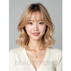 골든 블론드 턱밑 웨이브 단발+시스루뱅