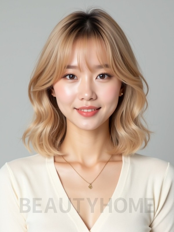 골든 블론드 턱밑 웨이브 단발+시스루뱅