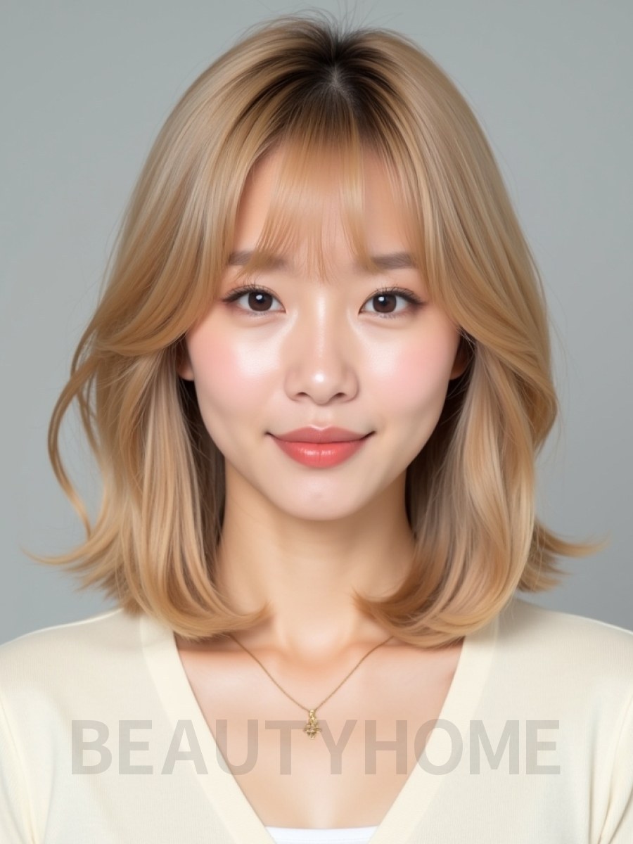 골든 블론드 쇄골 그라데이션 단발+커튼뱅