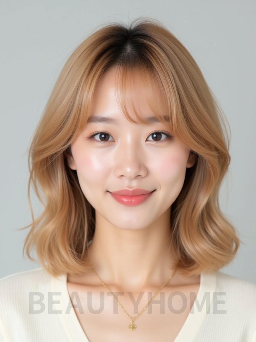 골든 블론드 어깨 텍스처 단발+커튼뱅