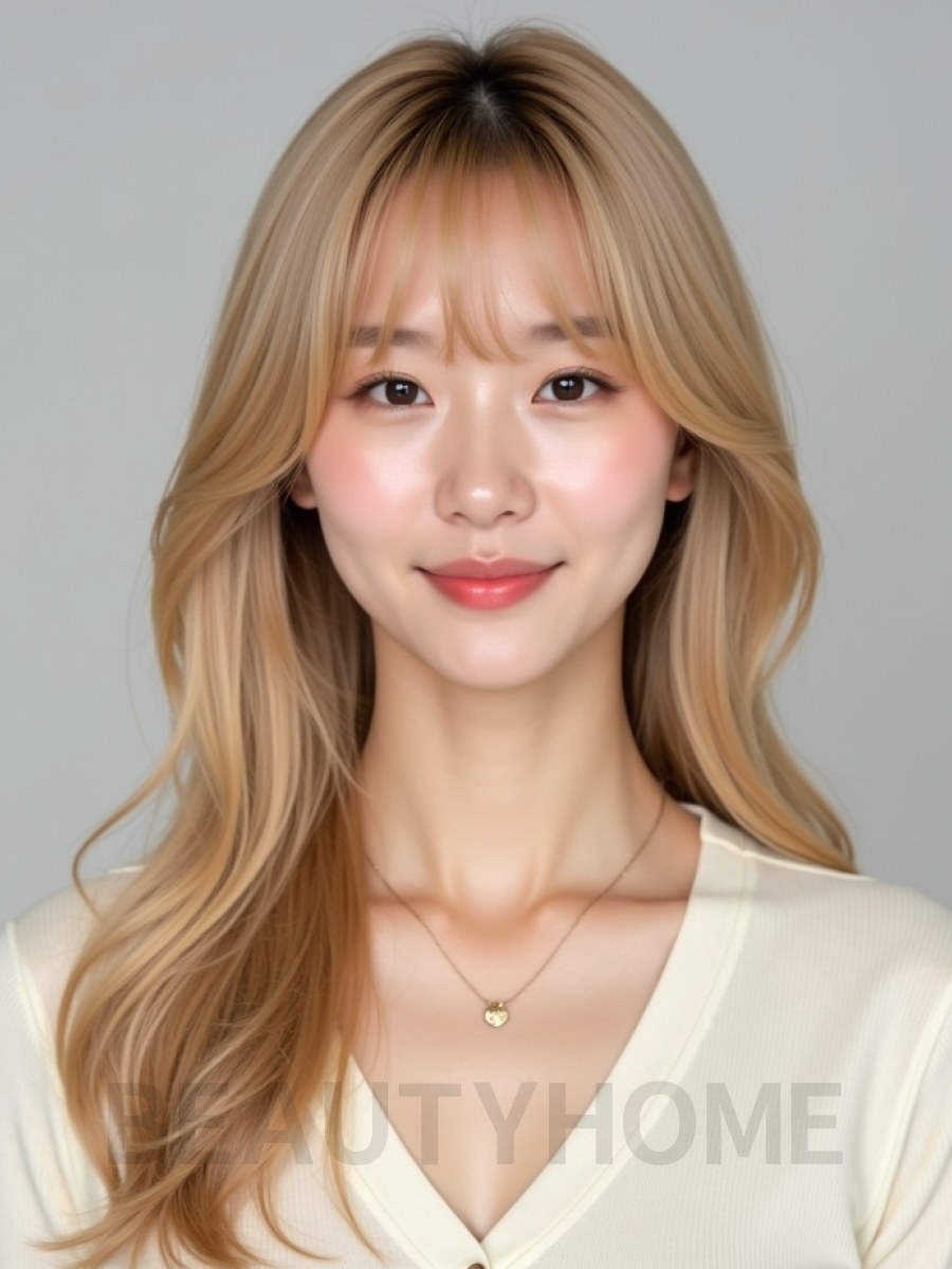 골든 블론드 긴 레이어+사이드뱅