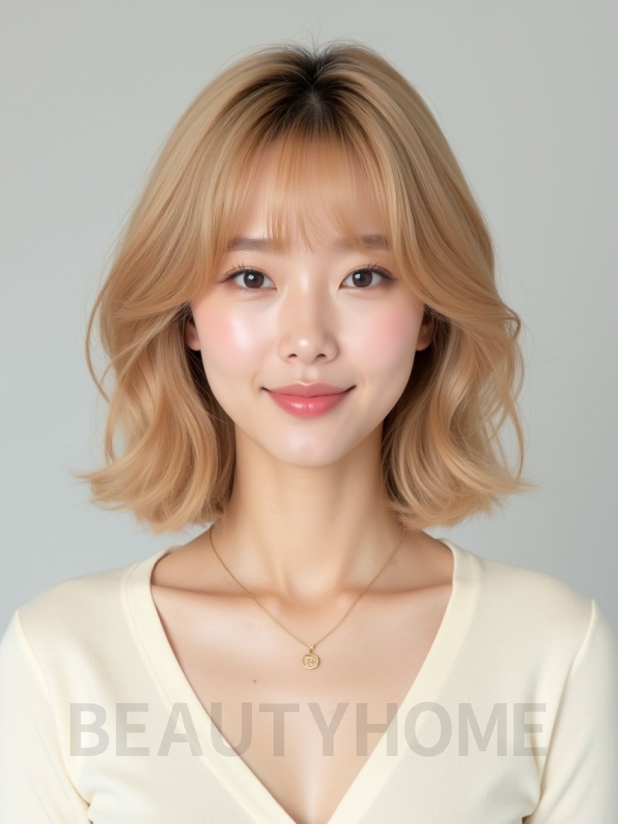 골든 블론드 턱밑 컬 단발+풀뱅