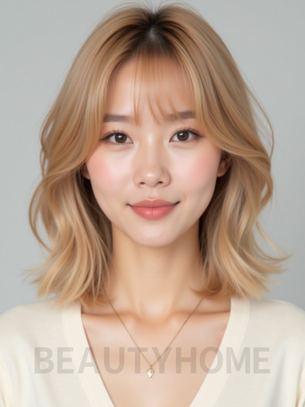 골든 블론드 어깨 웨이브 단발+사이드뱅
