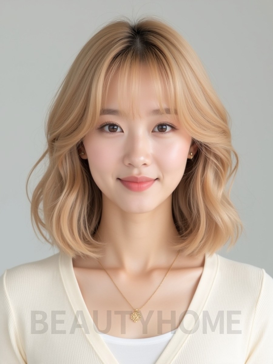 골든 블론드 쇄골 텍스처 단발+커튼뱅