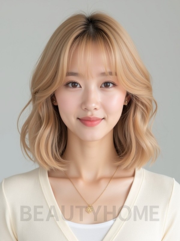 골든 블론드 쇄골 텍스처 단발+커튼뱅