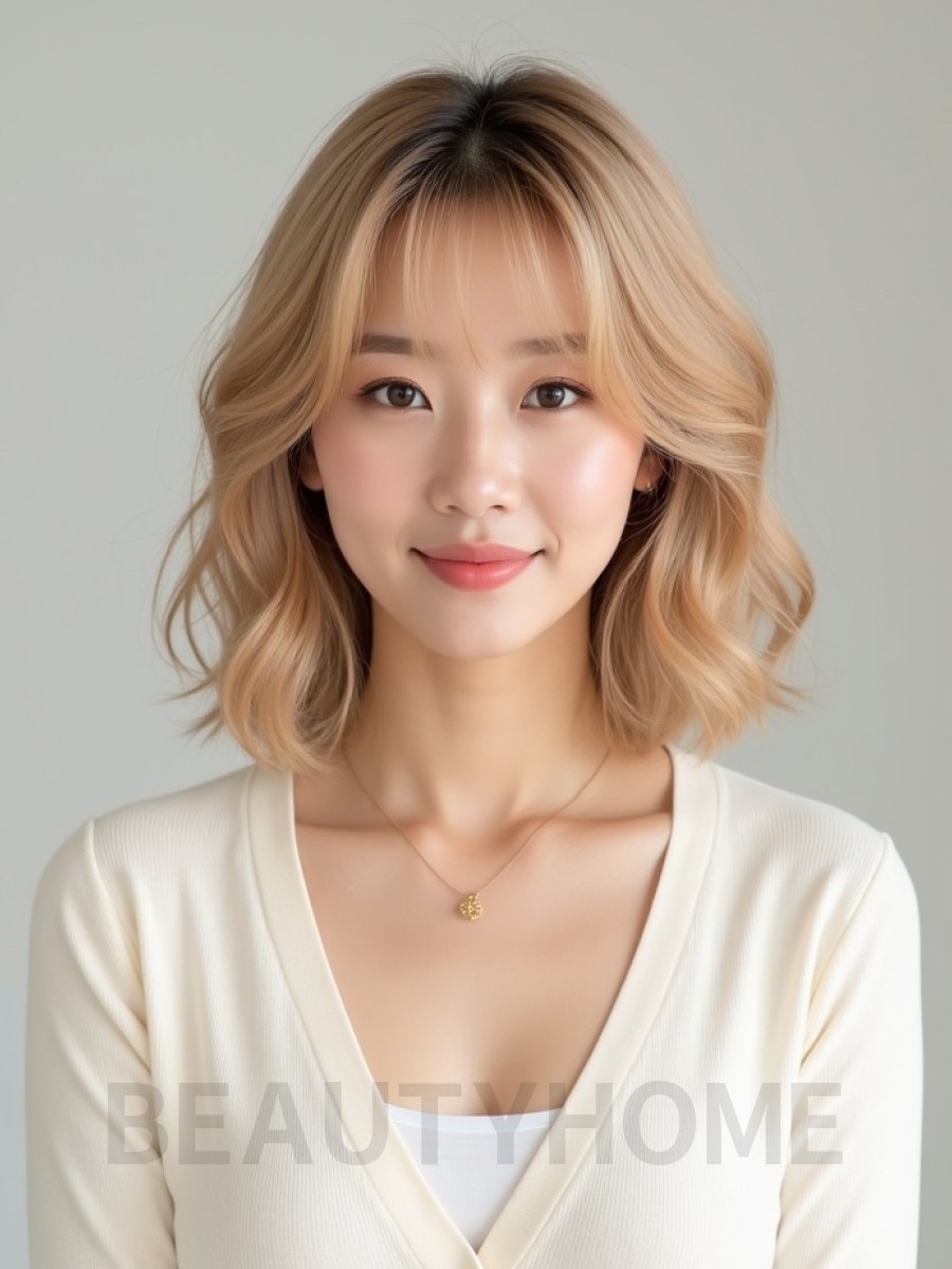 골든 블론드 쇄골 웨이브 단발+뱅