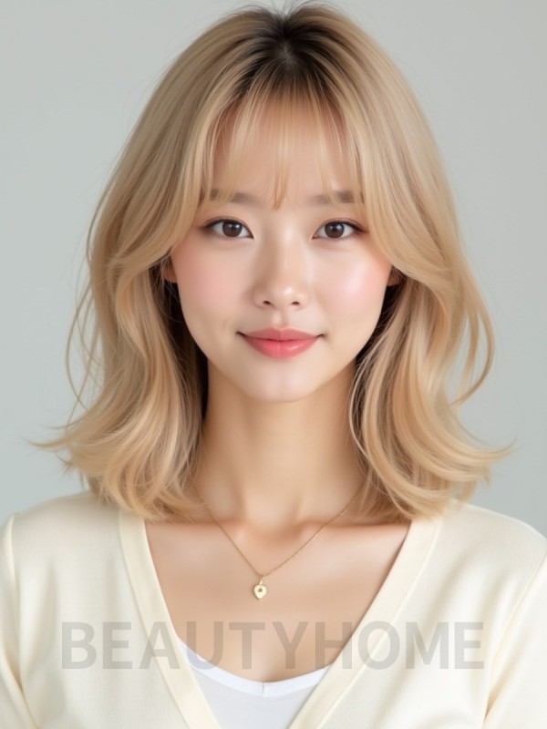 골든 블론드 턱밑 비대칭 단발+풀뱅
