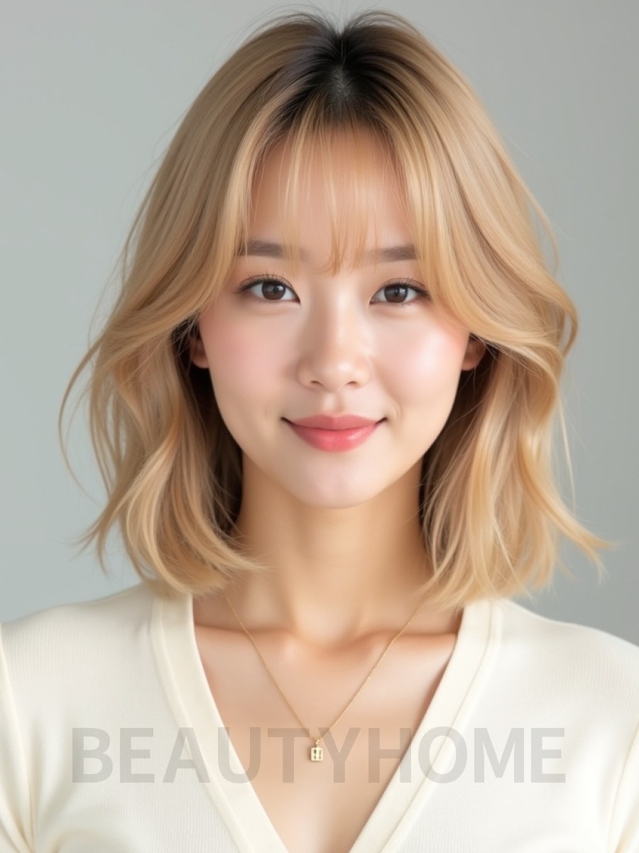 골든 블론드 턱밑 그라데이션 단발+사이드뱅