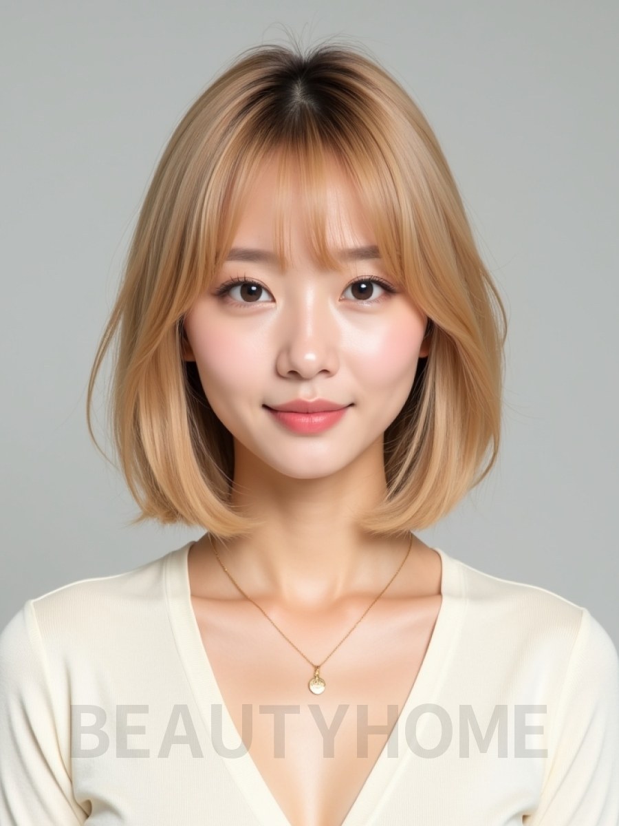 골든 블론드 쇄골 스트레이트 단발+풀뱅