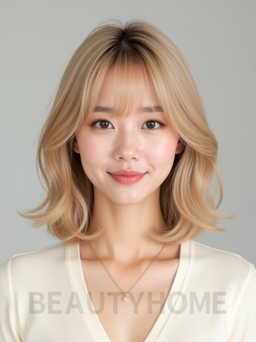 골든 블론드 어깨 텍스처 단발+풀뱅