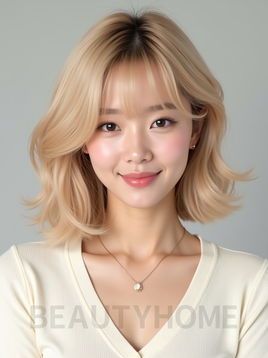 골든 블론드 쇄골 컬 단발+사이드뱅