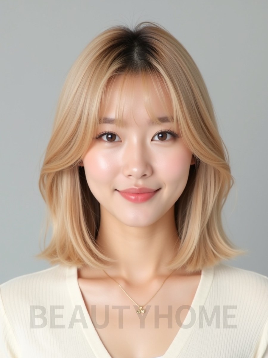 골든 블론드 턱밑 블런트 단발+사이드뱅