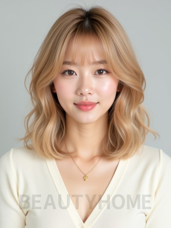 골든 블론드 어깨 컬 단발+뱅