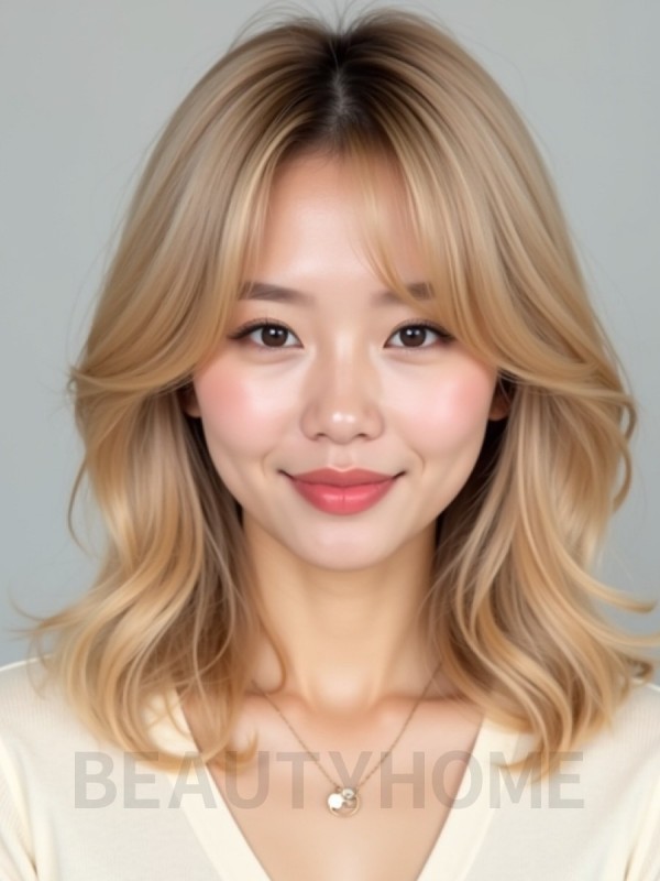 골든 블론드 어깨 비대칭 단발+사이드뱅