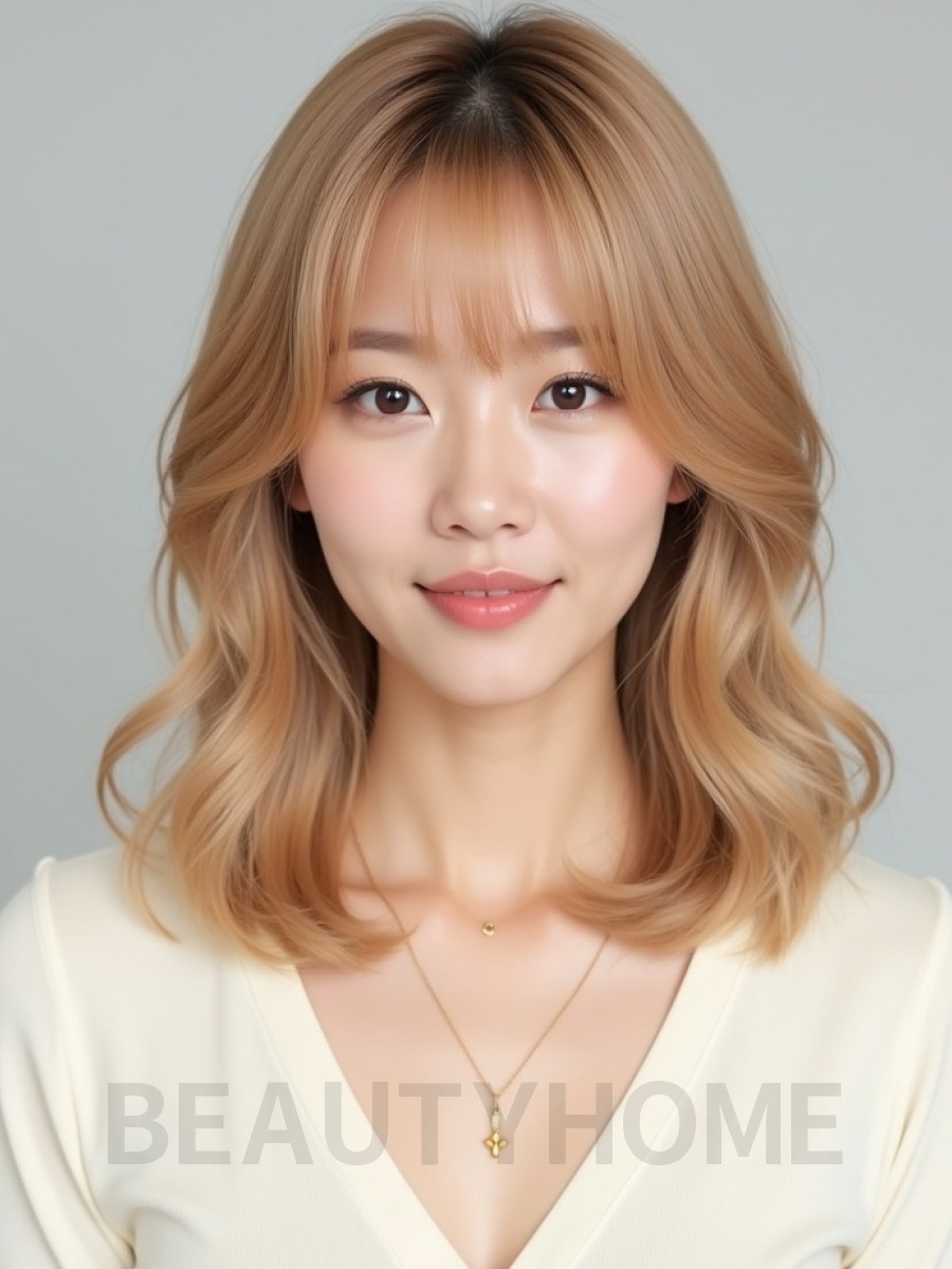 골든 블론드 어깨 웨이브 단발+커튼뱅