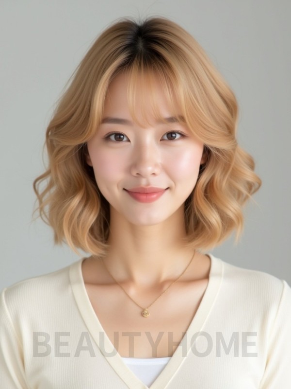 골든 블론드 턱밑 컬 단발+커튼뱅