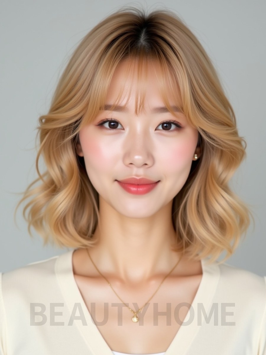 골든 블론드 쇄골 컬 단발+뱅