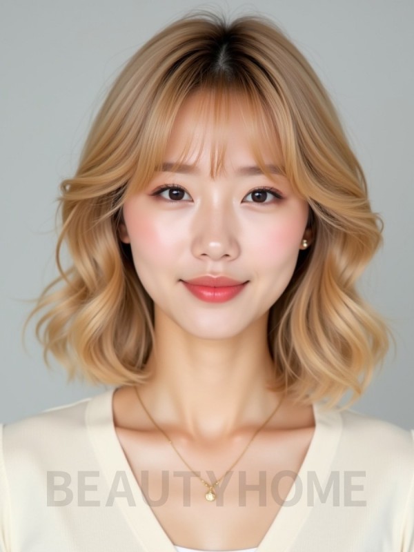 골든 블론드 쇄골 컬 단발+뱅