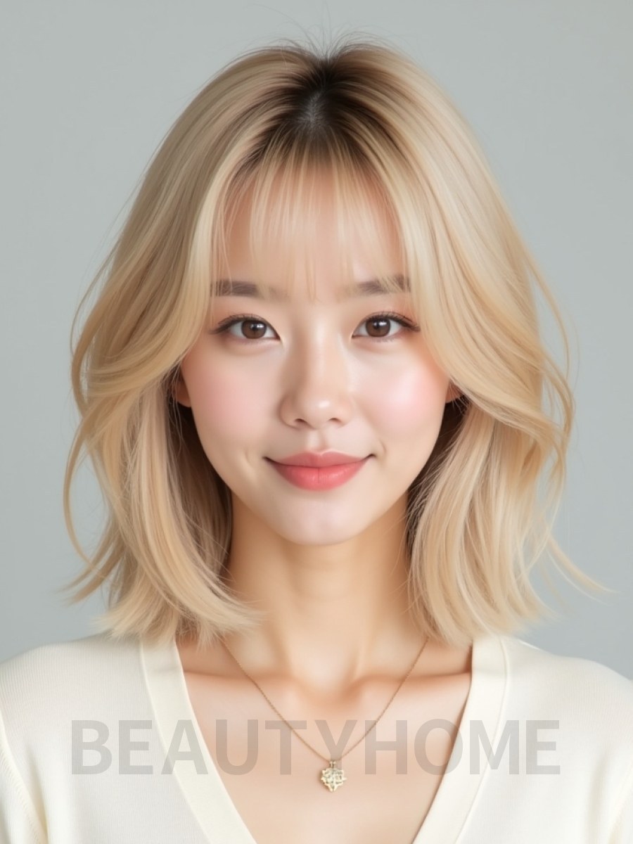 골든 블론드 쇄골 레이어드 단발+커튼뱅