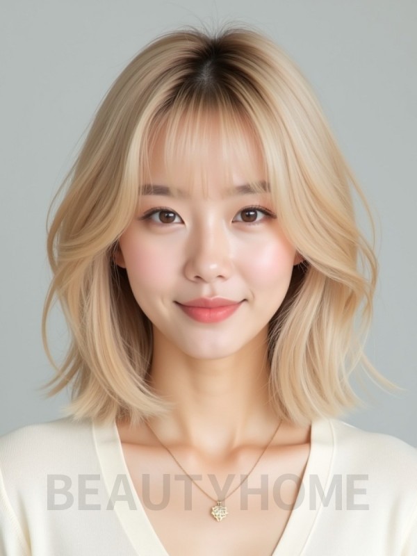골든 블론드 쇄골 레이어드 단발+커튼뱅