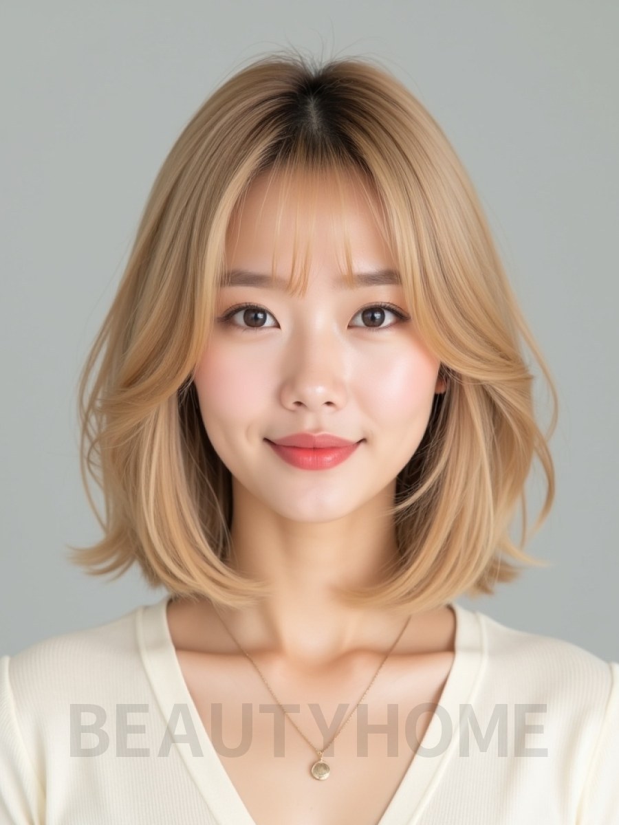 골든 블론드 턱밑 그라데이션 단발+풀뱅