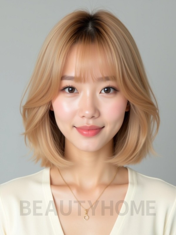 골든 블론드 어깨 블런트 단발+뱅