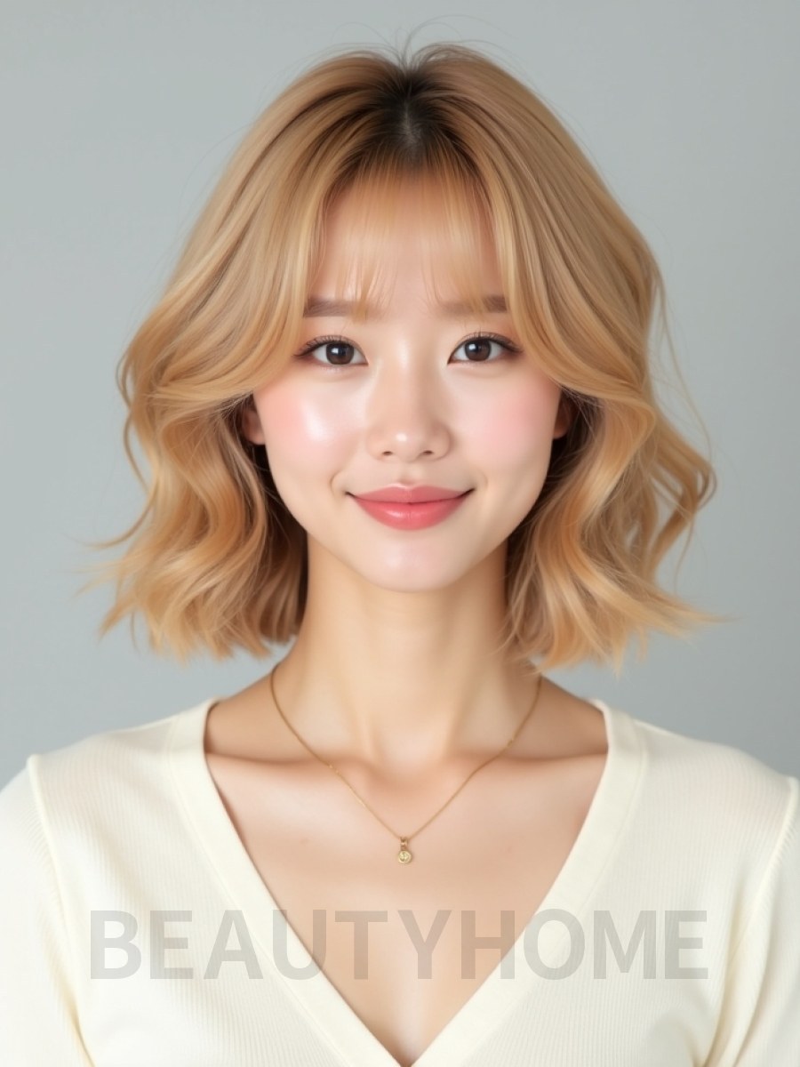 골든 블론드 어깨 컬 단발+사이드뱅