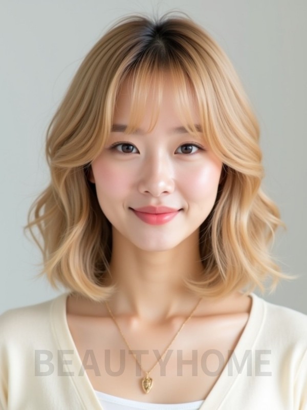 골든 블론드 어깨 스택 단발+뱅