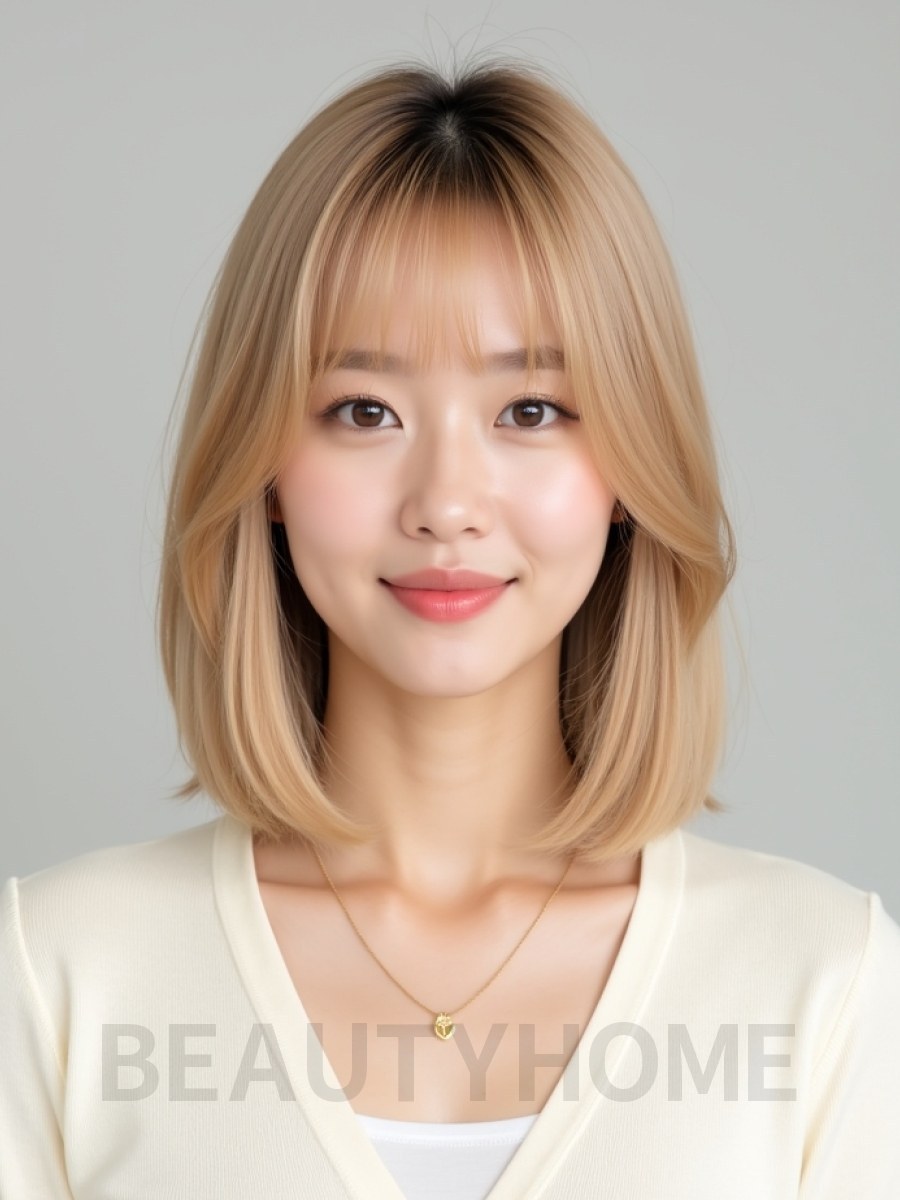 골든 블론드 쇄골 스트레이트 단발+사이드뱅