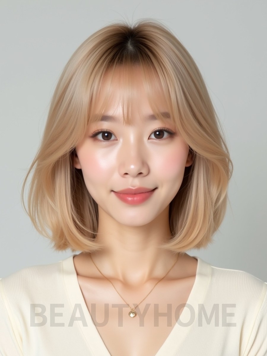 골든 블론드 쇄골 인버티드 단발+시스루뱅