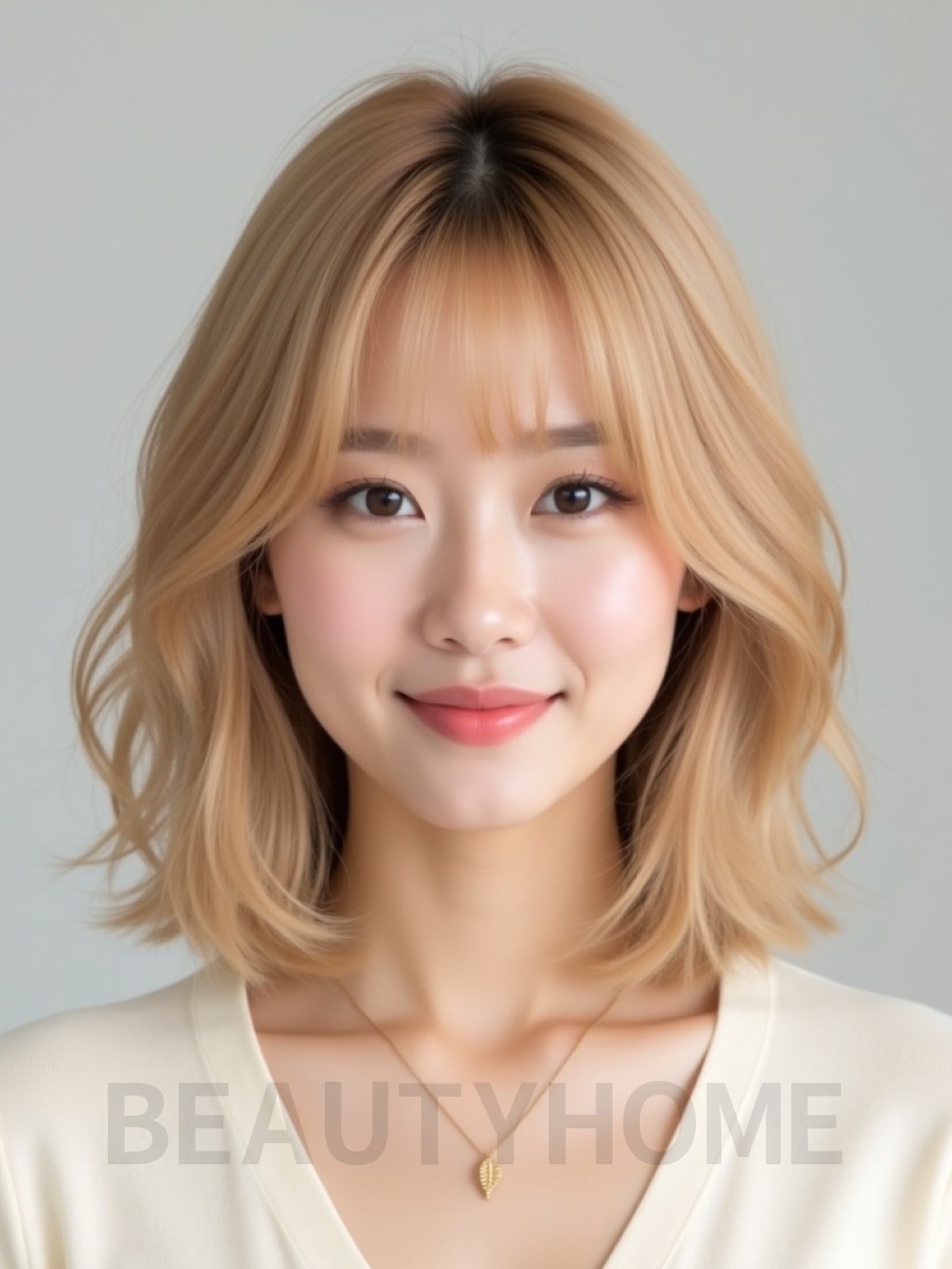 골든 블론드 턱밑 인버티드 단발+풀뱅