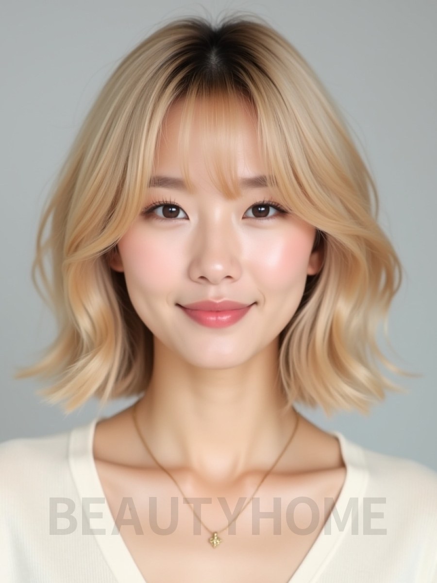 골든 블론드 쇄골 비대칭 단발+시스루뱅