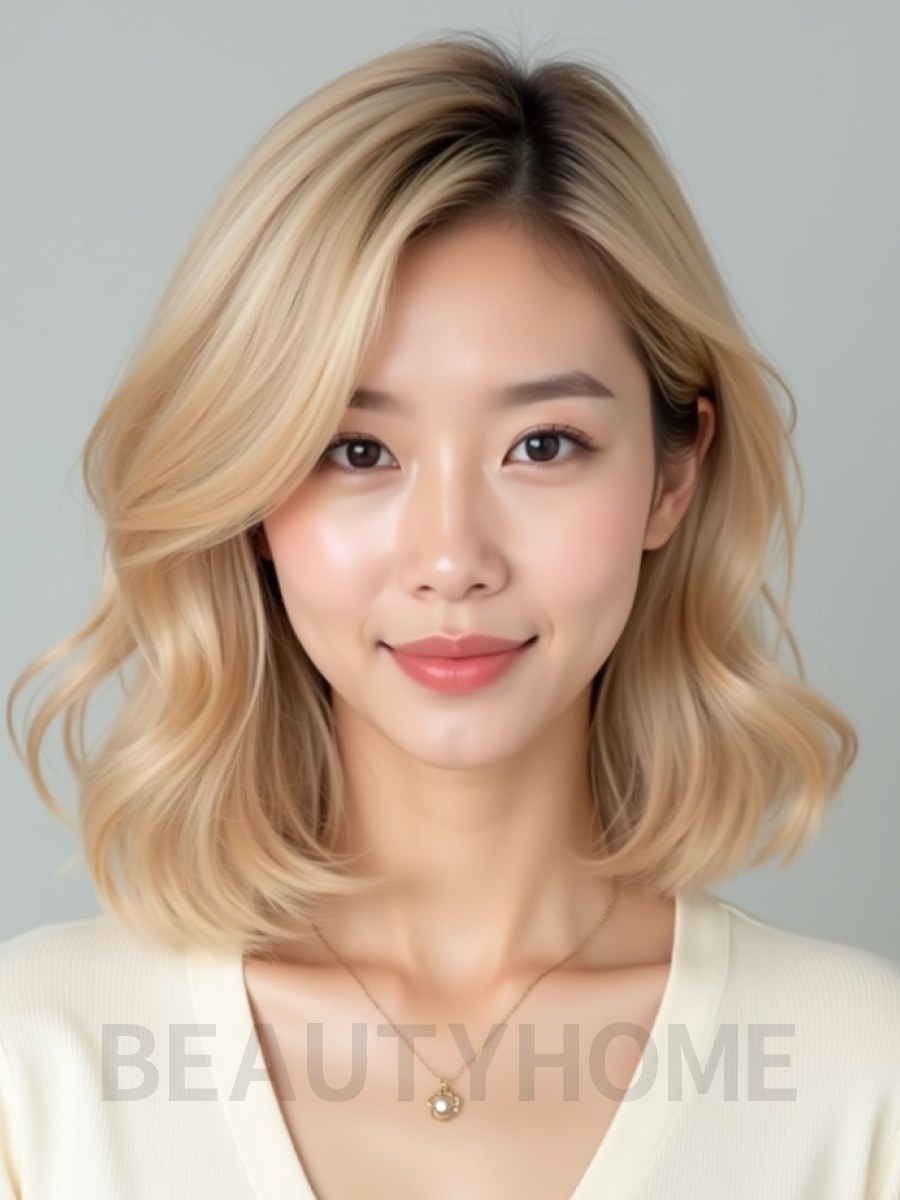 골든 블론드 턱밑 컬 단발+사이드뱅