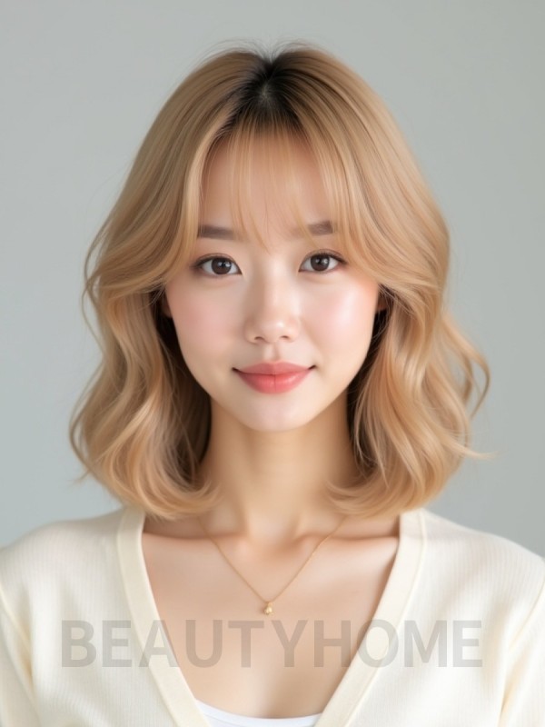 골든 블론드 쇄골 인버티드 단발+커튼뱅