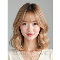 골든 블론드 턱밑 텍스처 단발+커튼뱅
