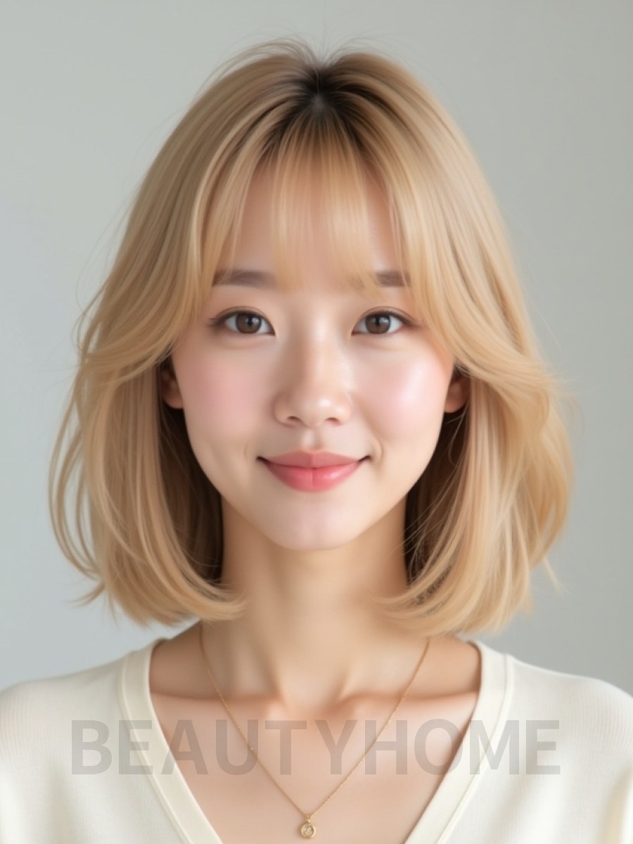 골든 블론드 쇄골 블런트 단발+시스루뱅