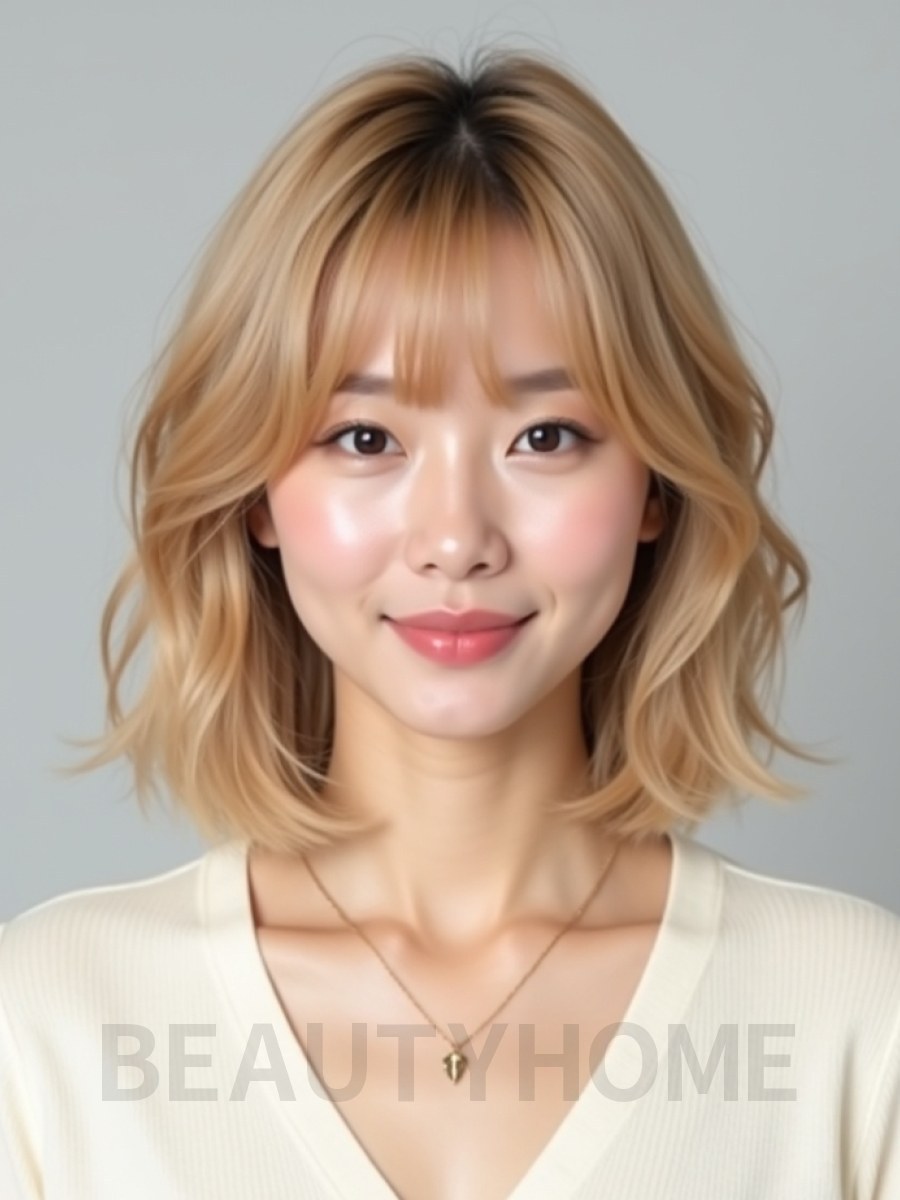 골든 블론드 턱밑 웨이브 단발+풀뱅