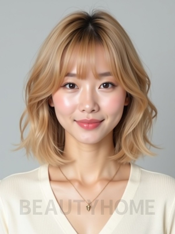 골든 블론드 턱밑 웨이브 단발+풀뱅