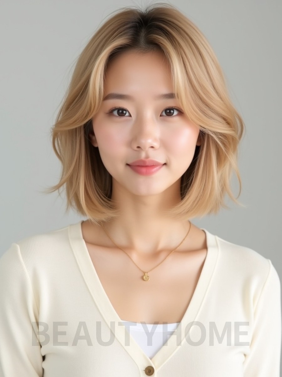 골든 블론드 쇄골 비대칭 단발+사이드뱅