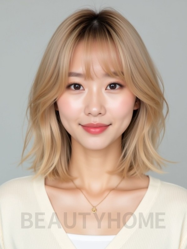 골든 블론드 어깨 비대칭 단발+커튼뱅