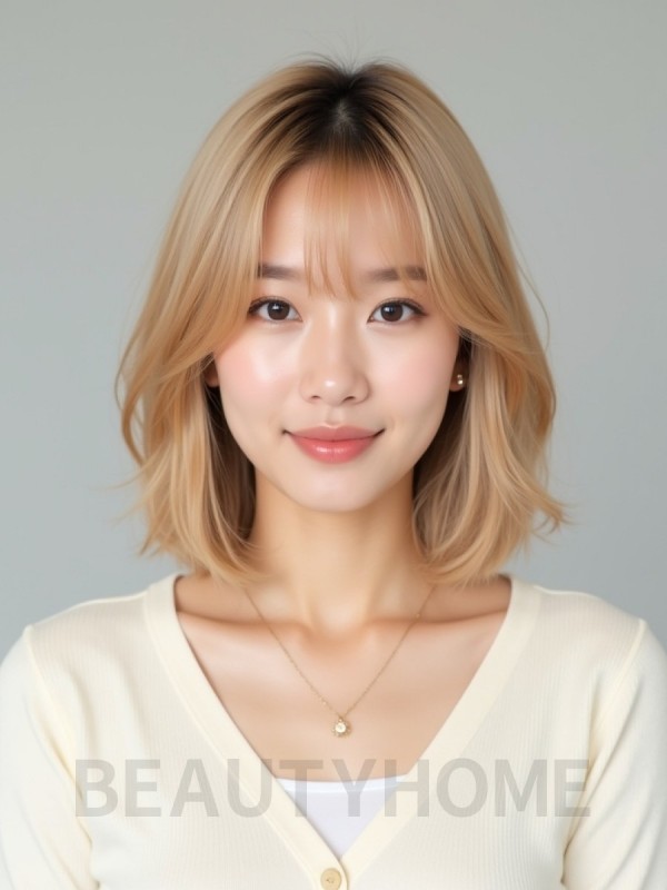 골든 블론드 어깨 블런트 단발+커튼뱅
