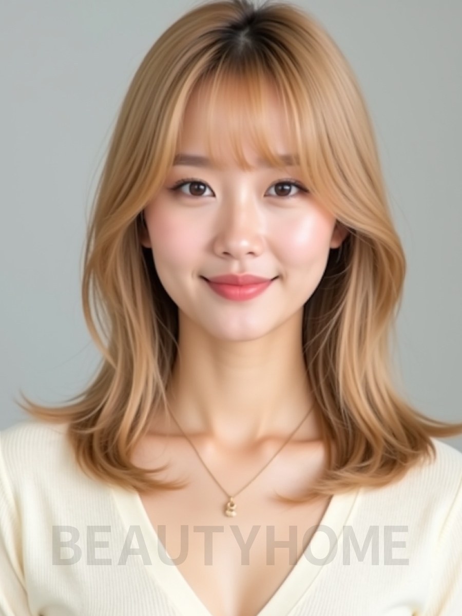 골든 블론드 어깨 생머리+사이드뱅