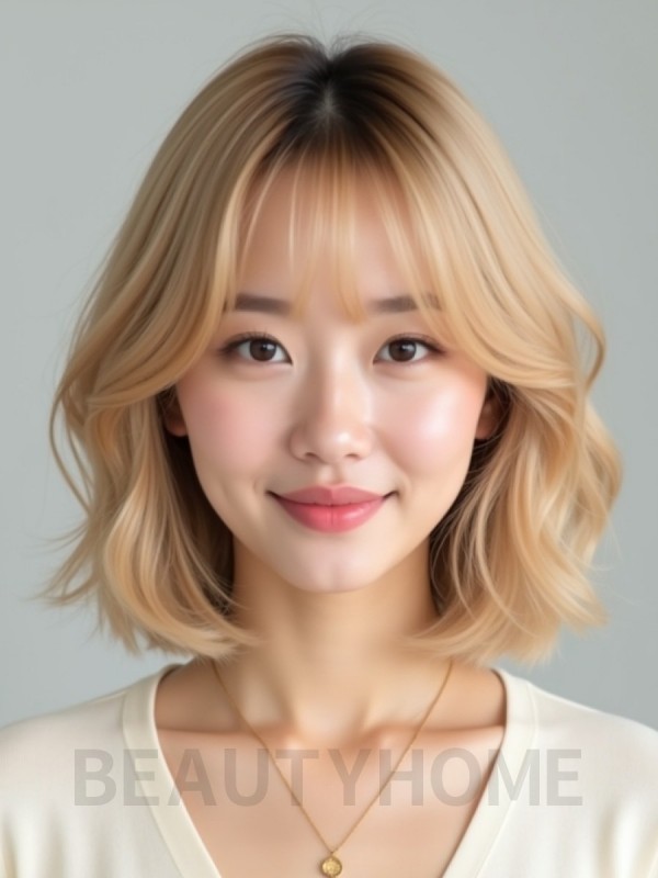 골든 블론드 턱밑 레이어드 단발+커튼뱅