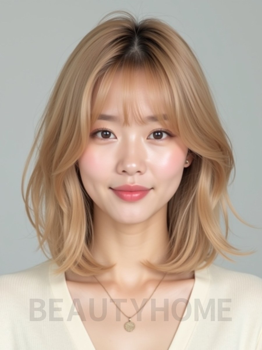 골든 블론드 턱밑 텍스처 단발+사이드뱅
