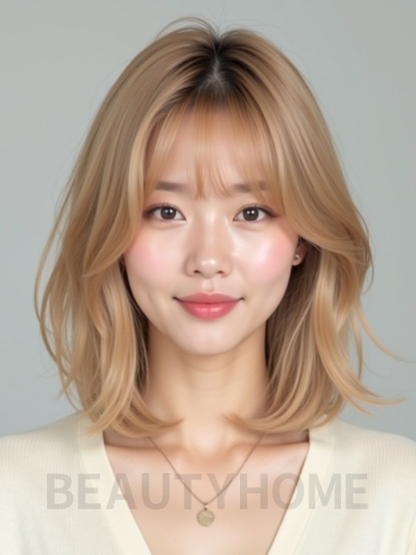 골든 블론드 턱밑 텍스처 단발+사이드뱅
