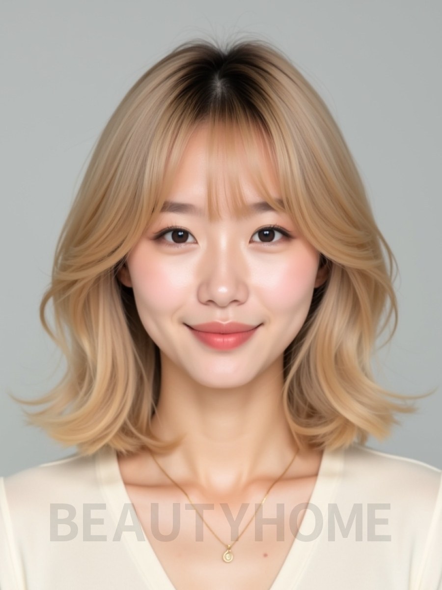 골든 블론드 턱밑 그라데이션 단발+시스루뱅