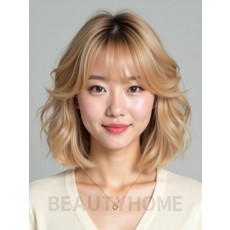 골든 블론드 턱밑 컬 단발+시스루뱅