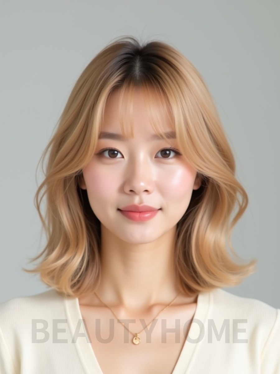 골든 블론드 쇄골 웨이브 단발+사이드뱅
