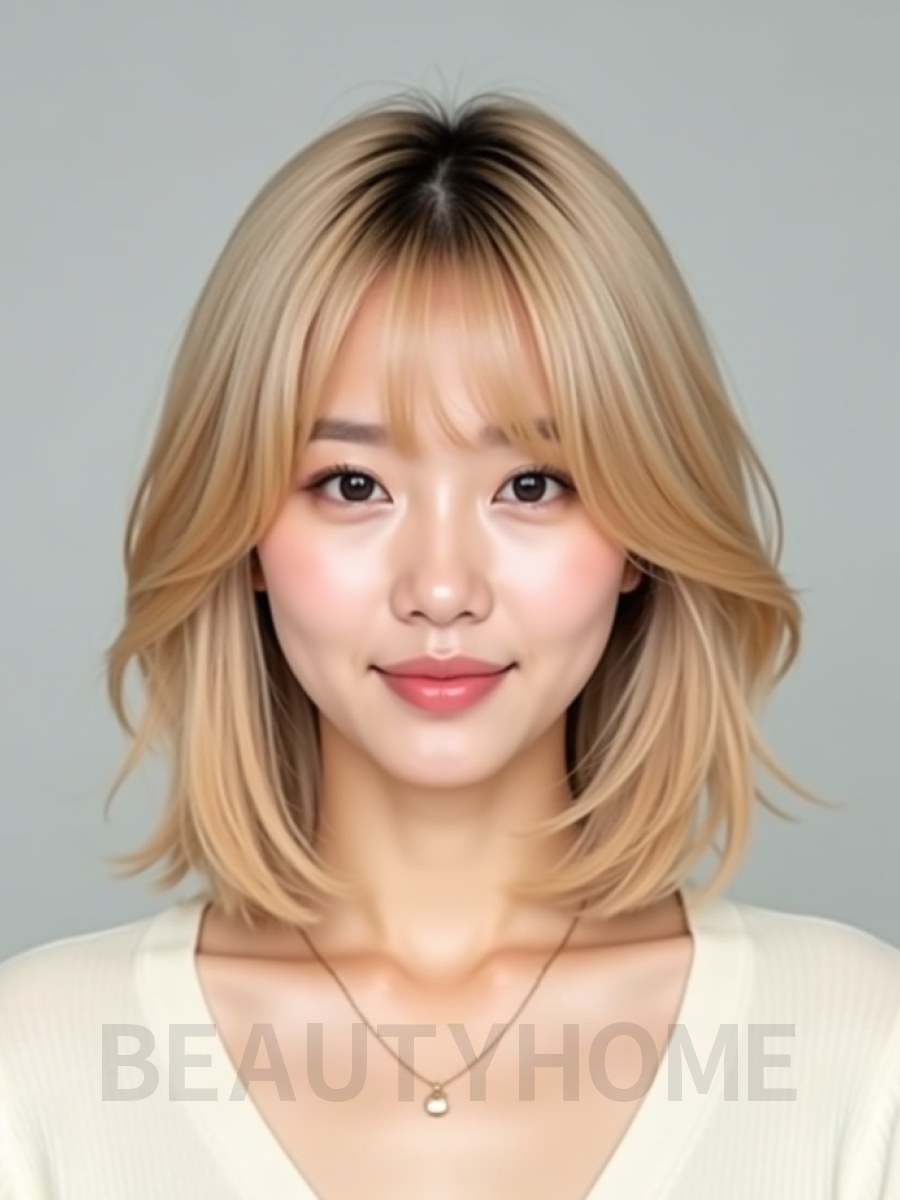 골든 블론드 턱밑 인버티드 단발+사이드뱅