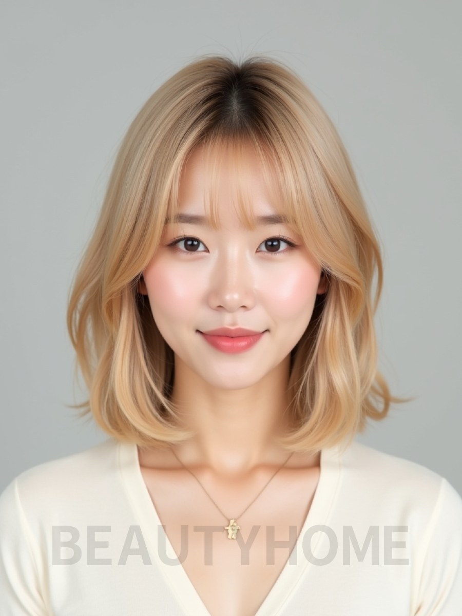 골든 블론드 턱밑 레이어드 단발+사이드뱅